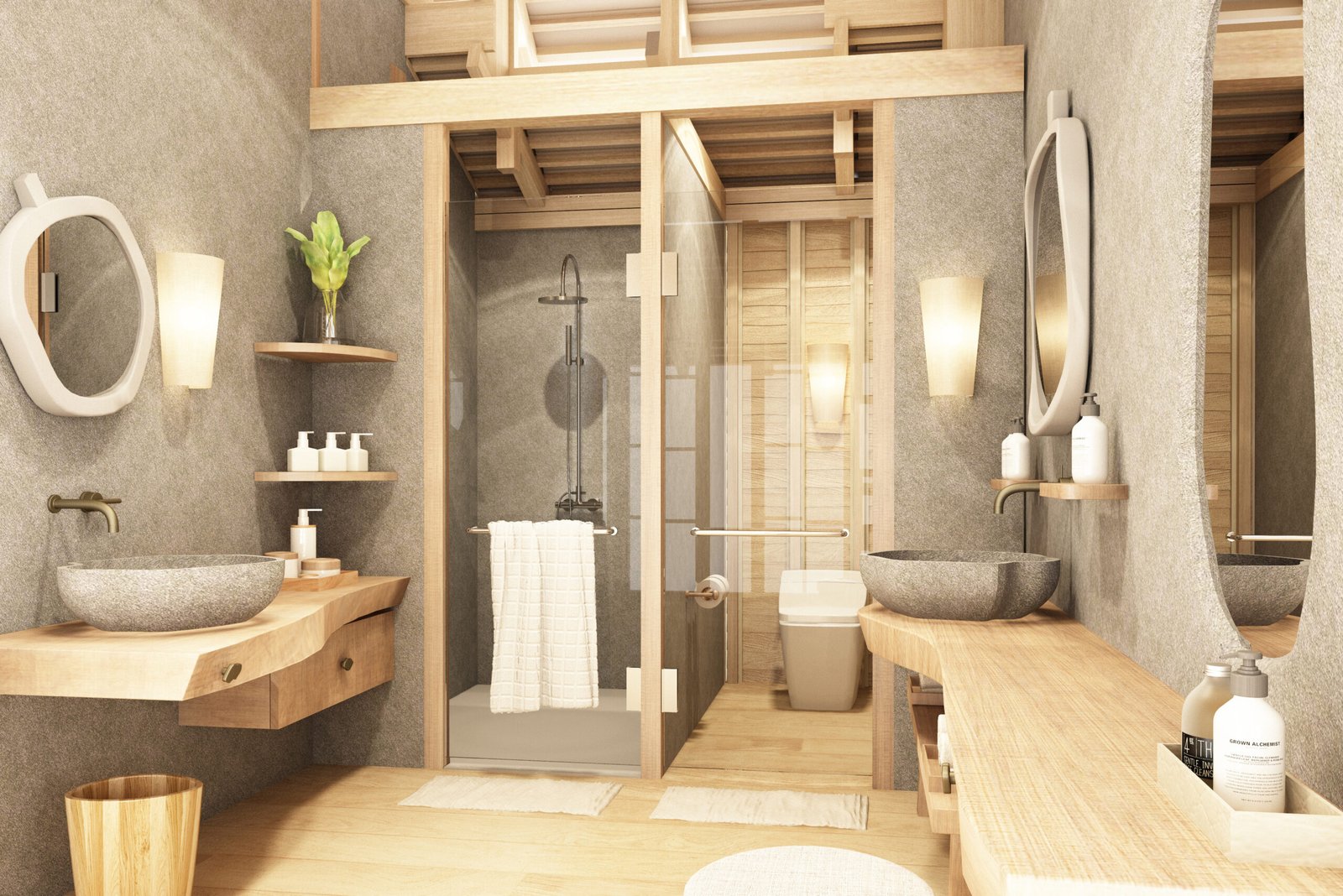 Wooden bathroom and shower room, under the roof overlooking the structure, concrete walls and wood floors, and a shower room. in vintage resort style 3d render